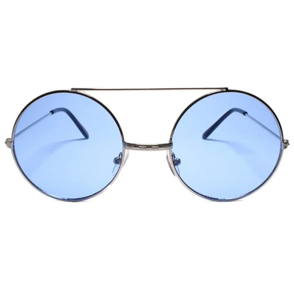 Men Classic Retro Hip Style Sunglasses Round w/ Brow Bar Silver Frame Blue Lens